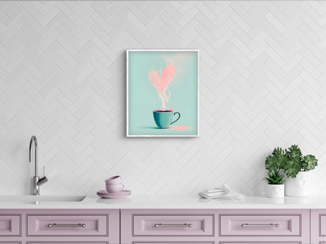 Minimalist Coffee Cup Poster With Heart Shaped Steam In Soft Pastel Tones