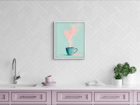 Minimalist Coffee Cup Wall Art Steam Heart Soft Pastel