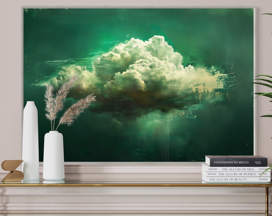 White Cloud Emerald Green Abstract Dreamy Modern Canvas Art Poster