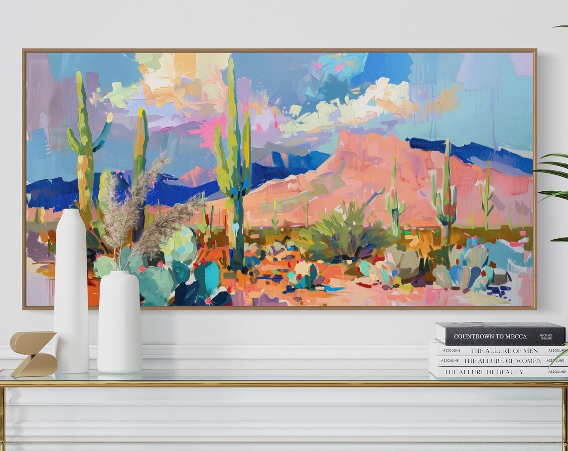 Colorful Saguaro Cactus Desert Sunset Pink Mountain Valley Poster