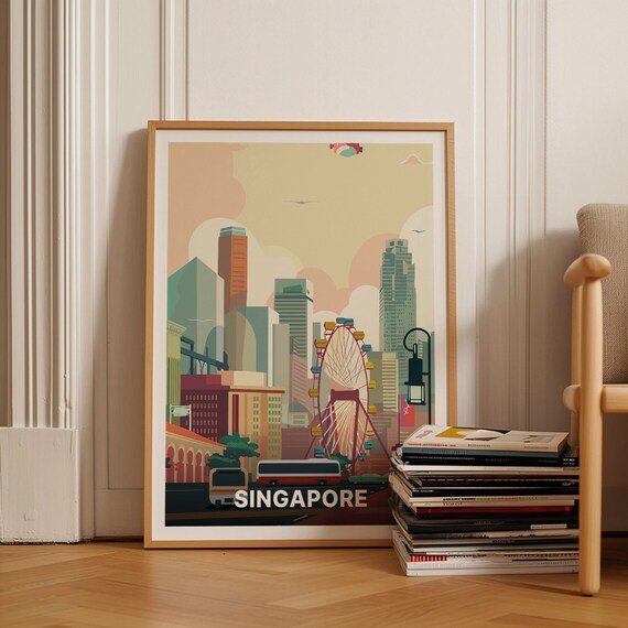 Singapore Skyline Ferris Wheel Cityscape Vintage Travel Poster