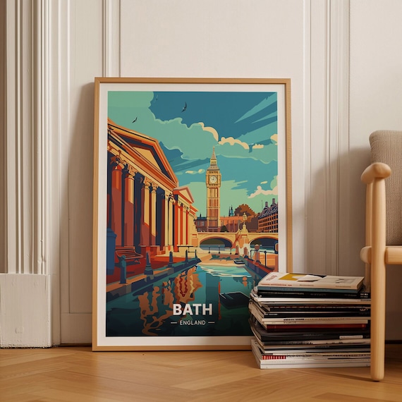 Bath England Clock Tower Riverside Cityscape Retro Style Vintage Poster