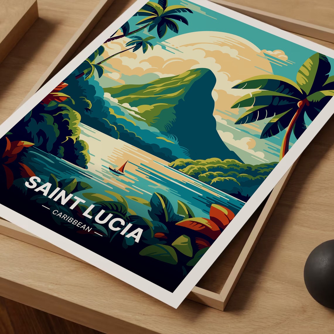 Saint Lucia Caribbean Piton Sailboat Palm Sunset Travel Poster - Image 3