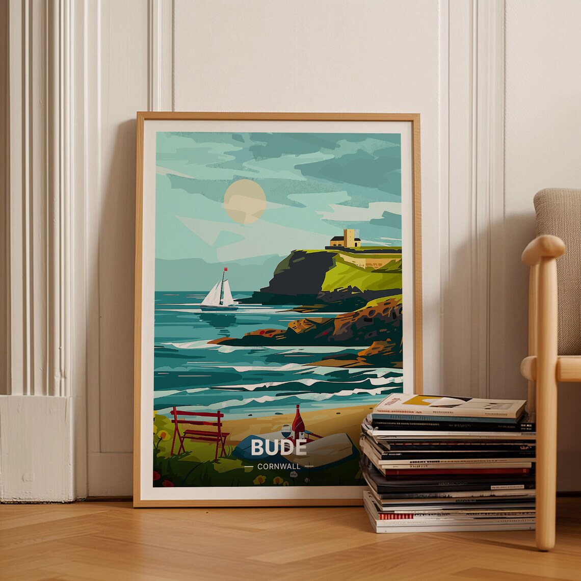 Bude Cornwall Poster Sea Cliffs Sailboat Beach Coast Scenic Art