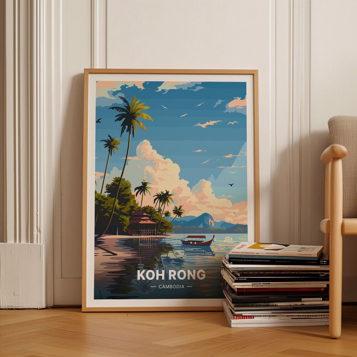 Koh Rong Cambodia Tropical Island Beach Boat Palms Travel Poster