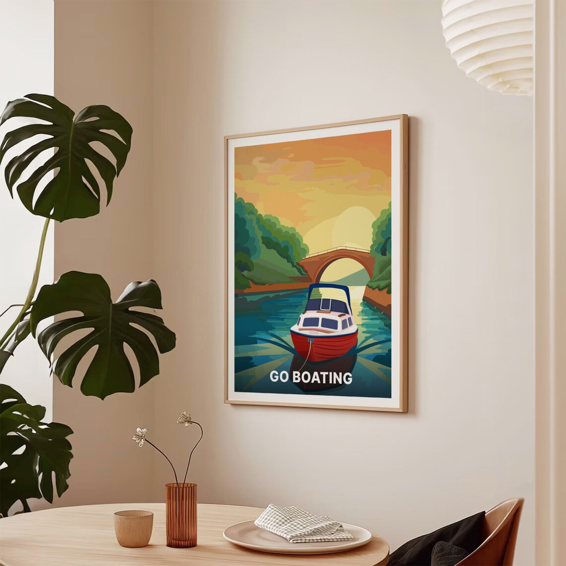 Go Boating Red Canal Boat Sunset Bridge Vintage Travel Poster - Image 2