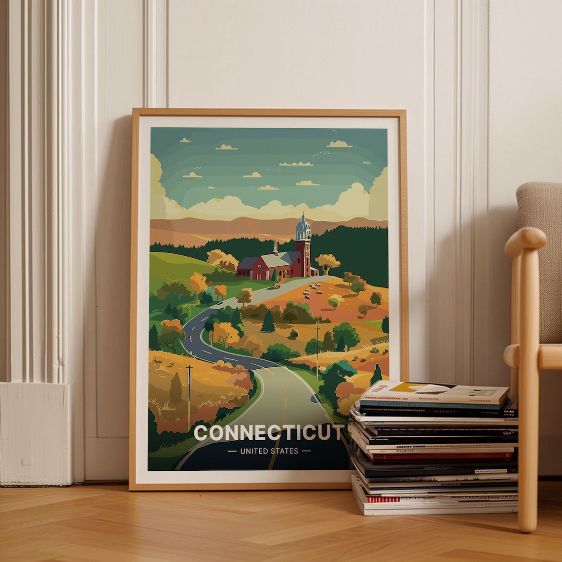 Connecticut Countryside Autumn Road Church Fall Foliage Travel Poster