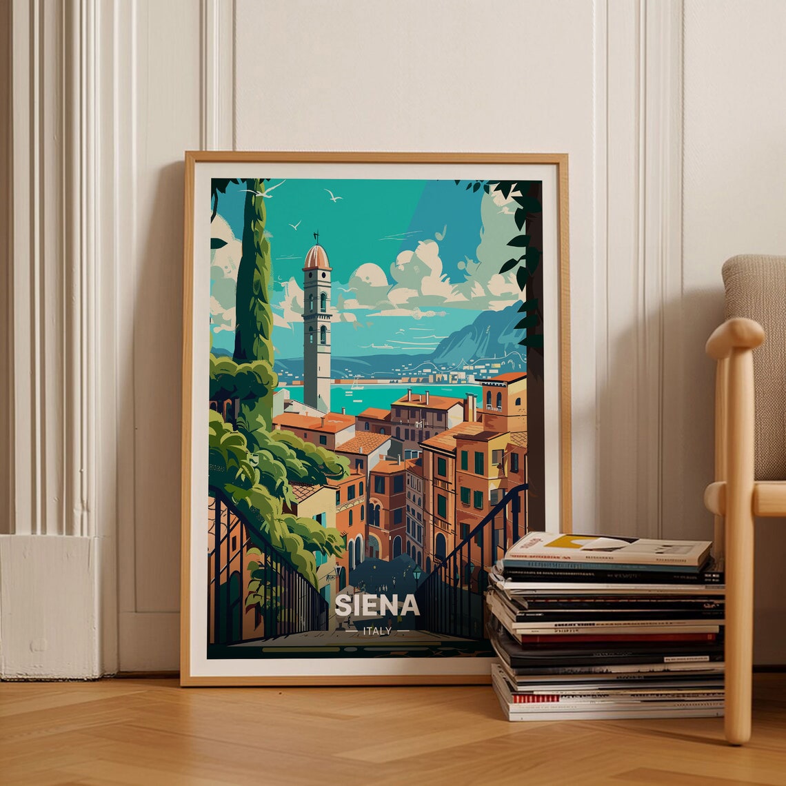 Siena Italy Bell Tower Old Town Steps Tuscan Rooftops Travel Poster