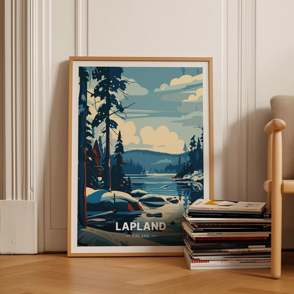 Lapland Finland Snowy Pine Forest Lake Winter Vintage Travel Poster