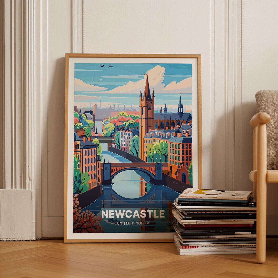 Newcastle United Kingdom River Bridge Spire Cityscape Vintage Travel Poster