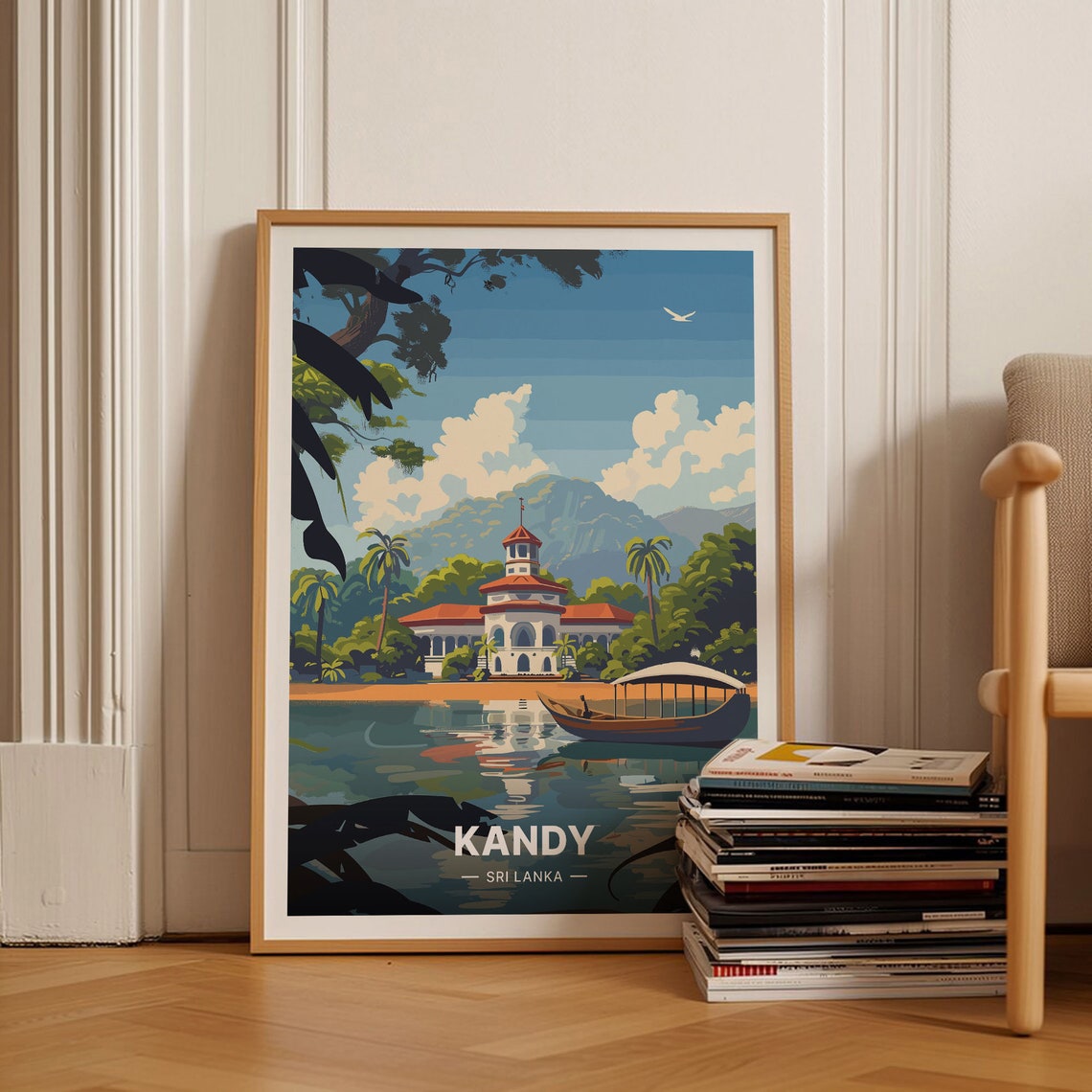 Kandy Sri Lanka Lakeside Temple Pavilion Boat Tropical Travel Poster