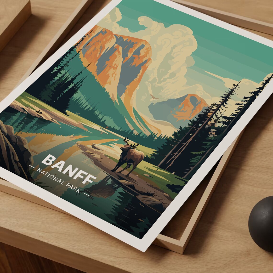 Banff National Park Canada Elk Alpine Lake Mountain Vintage Poster - Image 3