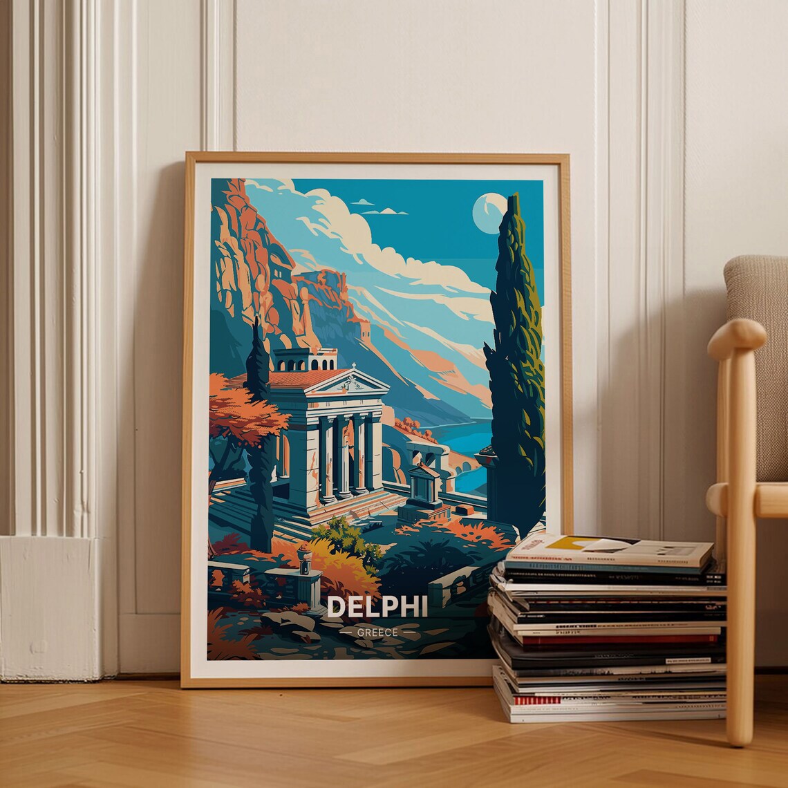 Delphi Greece Travel Poster, Scenic Landscape Art