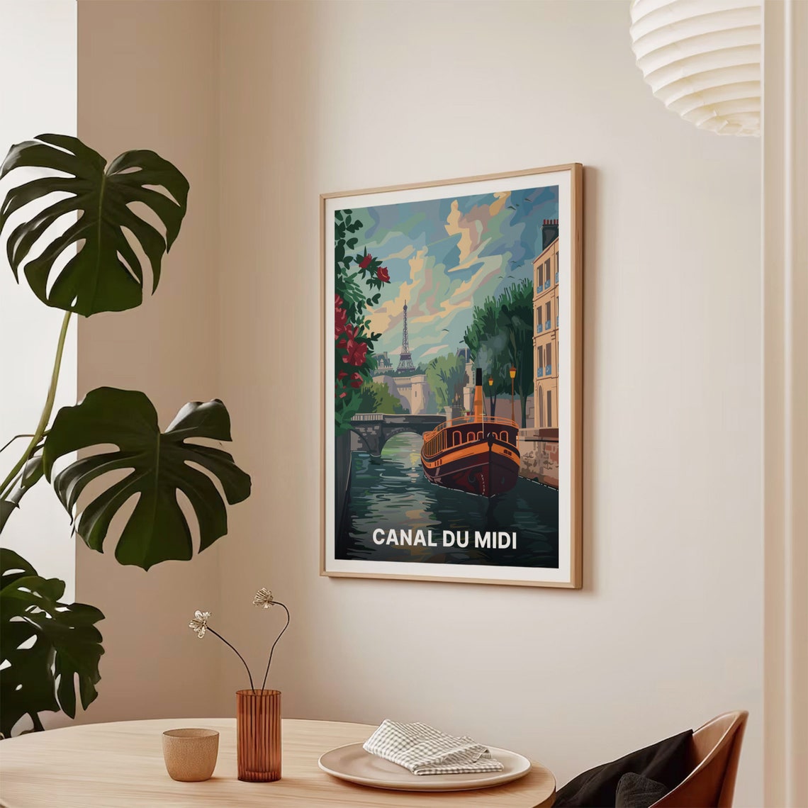 Canal du Midi France Canal Boat and Eiffel Tower Travel Poster - Image 2