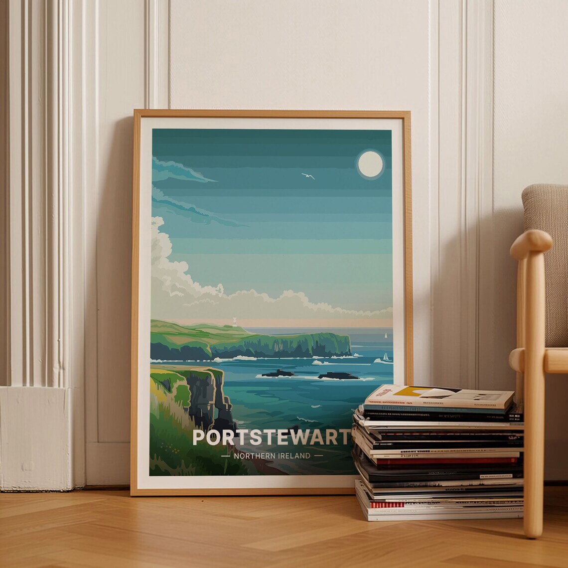 Portstewart Northern Ireland Moonlit Sea Cliffs Travel Poster