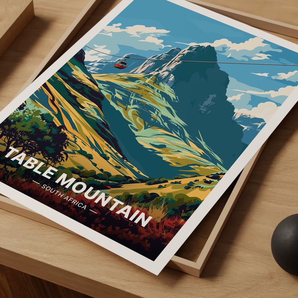Table Mountain South Africa Cable Car Flat Top Vintage Travel Poster - Image 3