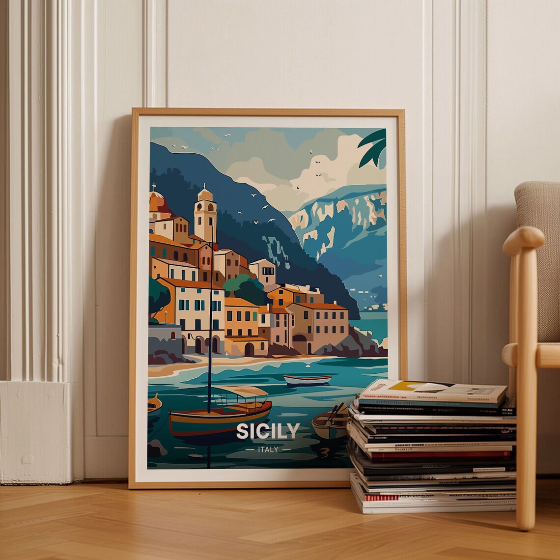 Sicily Italy Travel Poster Coastal Town Fishing Boats Seaside Art