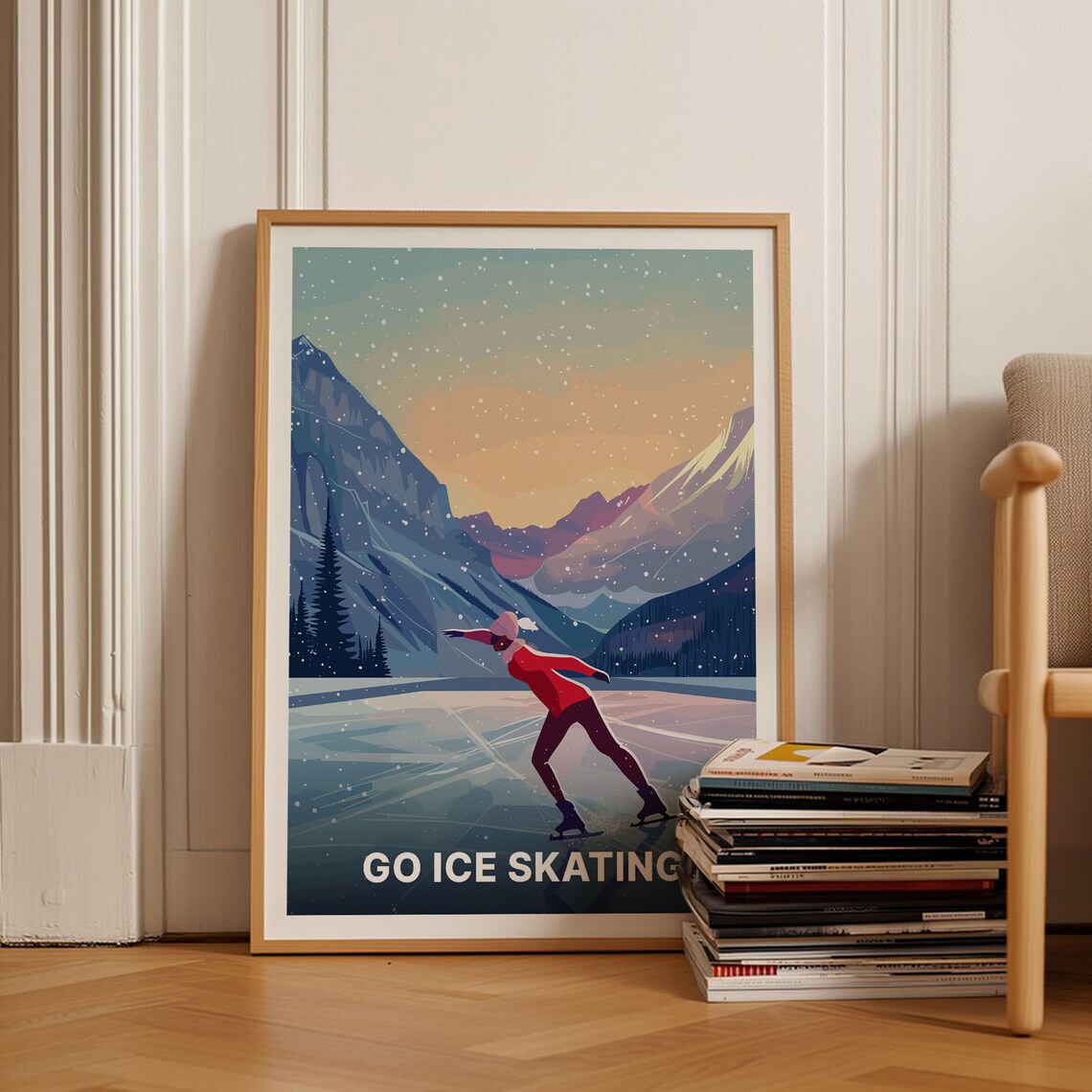Go Ice Skating Poster Frozen Alpine Lake Sunset Winter Sports Art