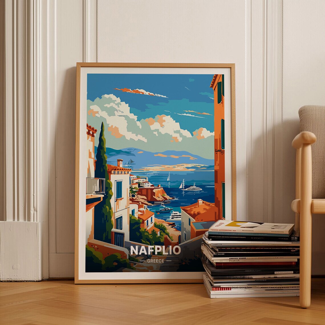 Nafplio Greece Old Harbor Coastal Town Bright Retro Travel Poster