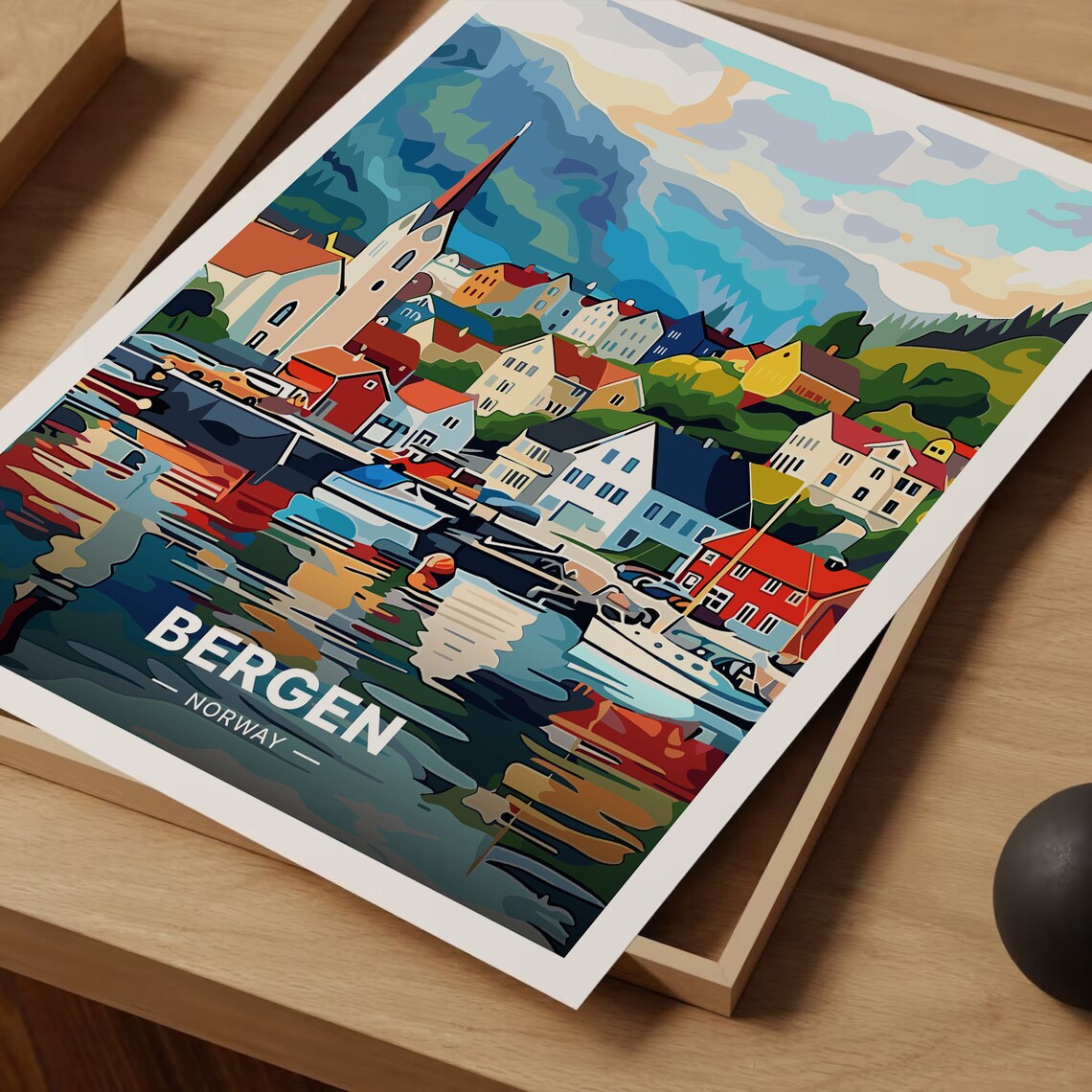 Bergen Norway Harbor Church Spire Fjord Mountains Travel Poster - Image 3