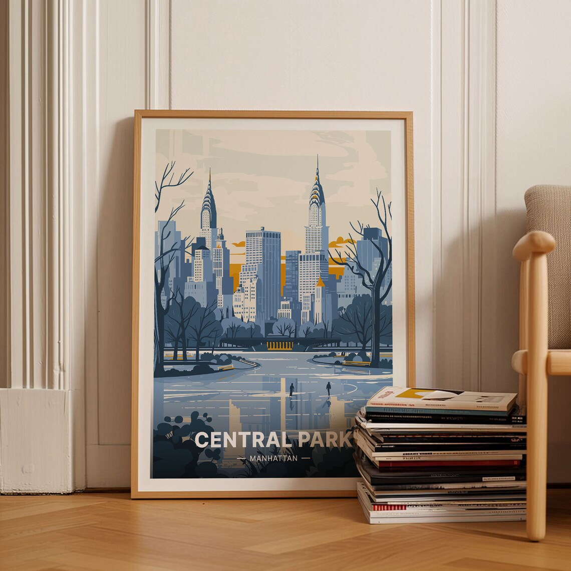 Central Park Manhattan Winter Skyline Snowy Illustrated Travel Poster