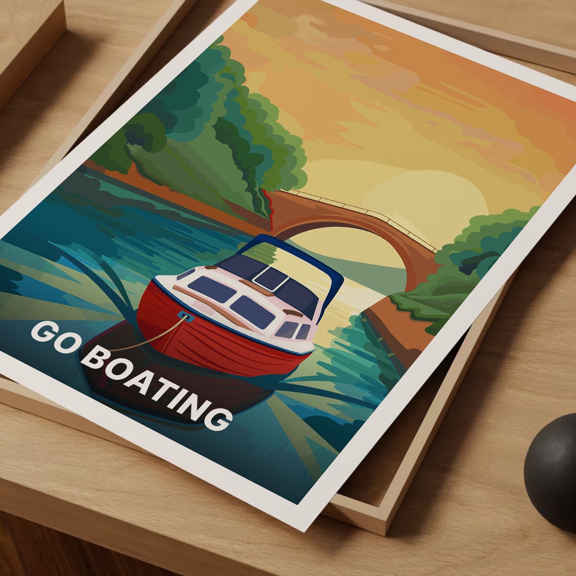 Go Boating Red Canal Boat Sunset Bridge Vintage Travel Poster - Image 3