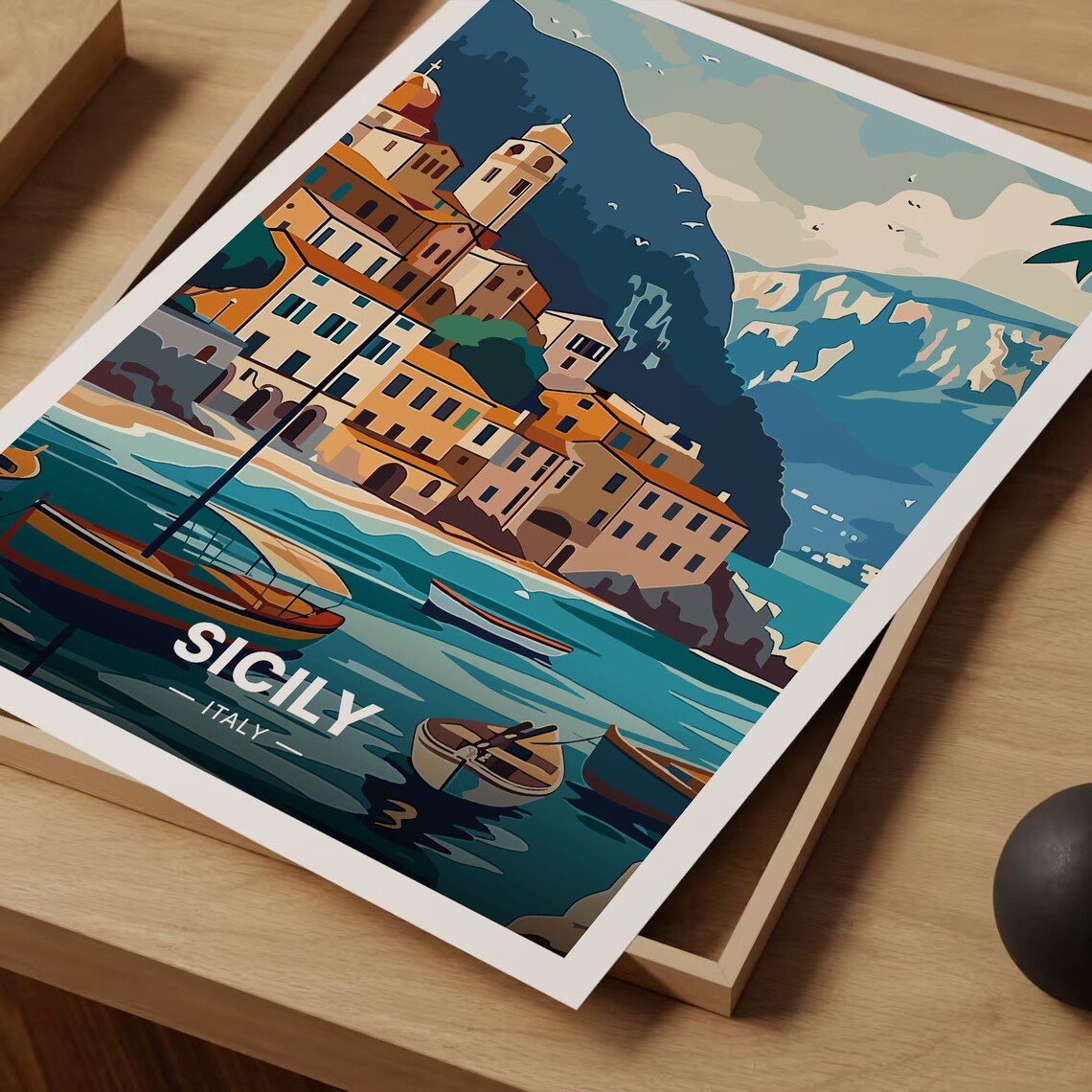 Sicily Italy Travel Poster Coastal Town Fishing Boats Seaside Art - Image 3