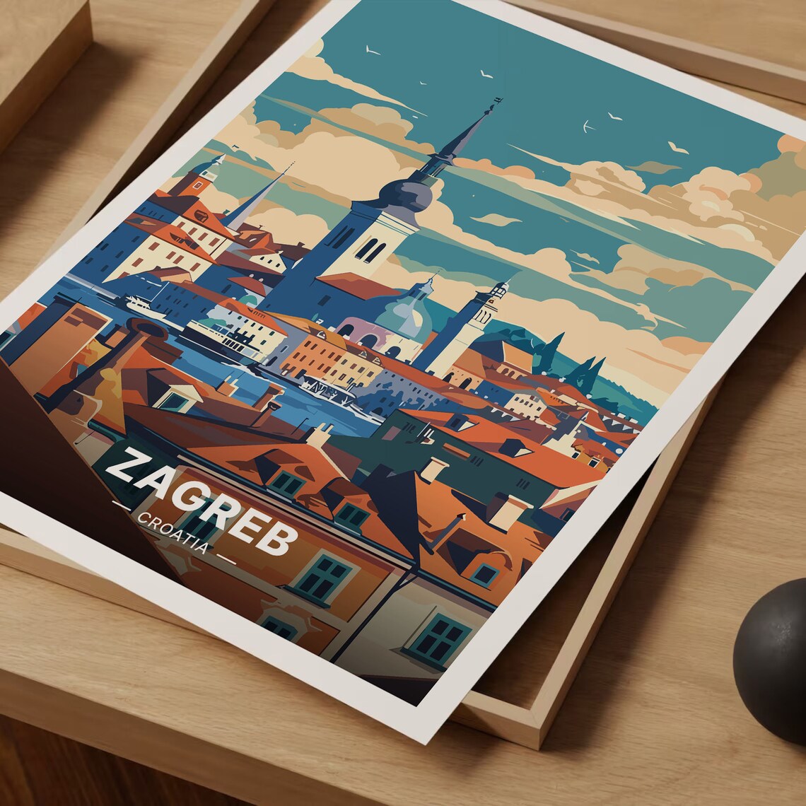 Zagreb Croatia Old Town Vintage Travel Poster Cathedral Spire Rooftops Art - Image 3