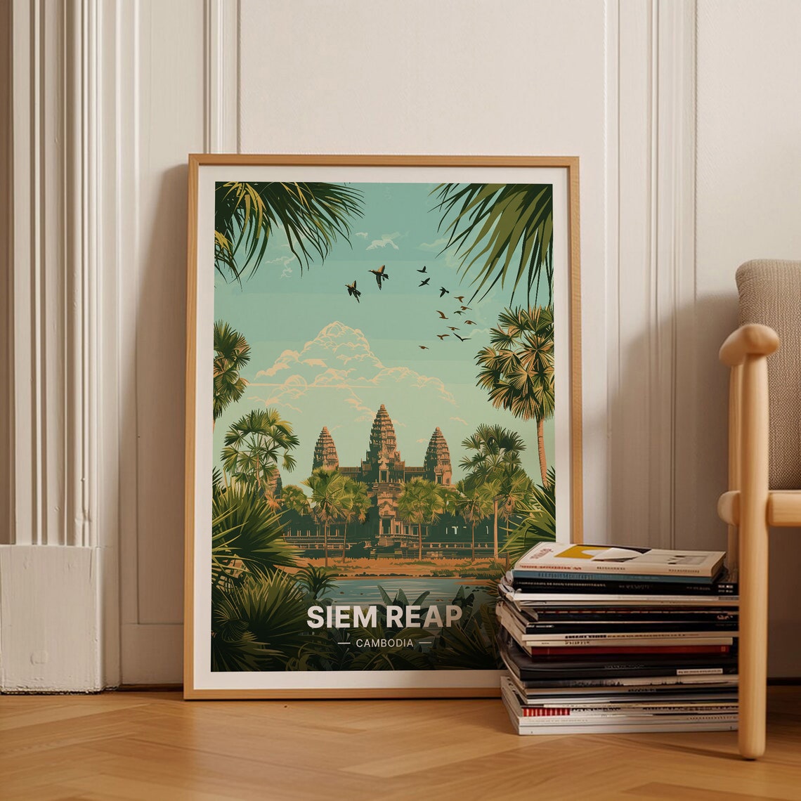 Siem Reap Cambodia Angkor Wat Temple Palm Trees Vintage Travel Poster