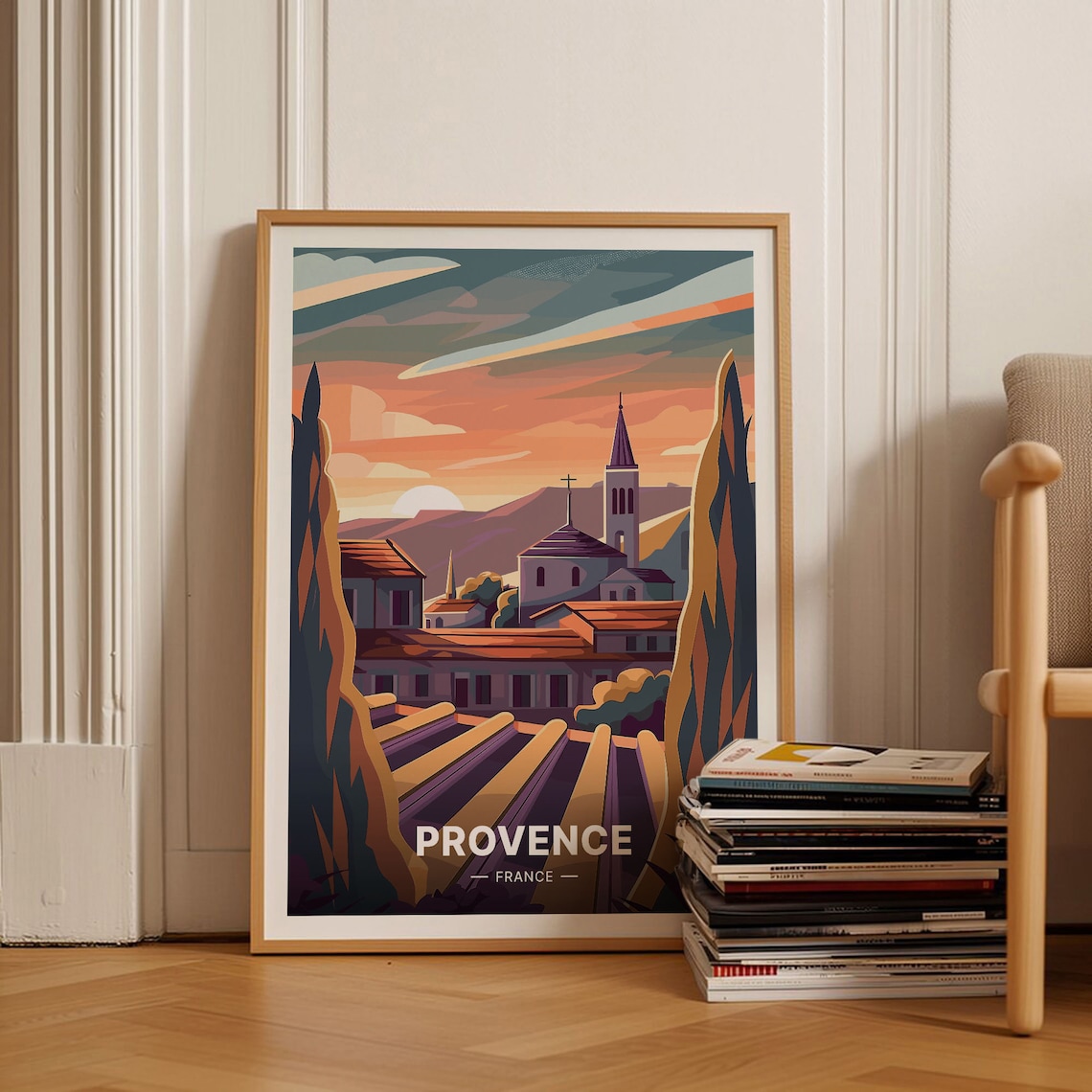 Provence France Sunset Village Church Cypress Hills Travel Poster