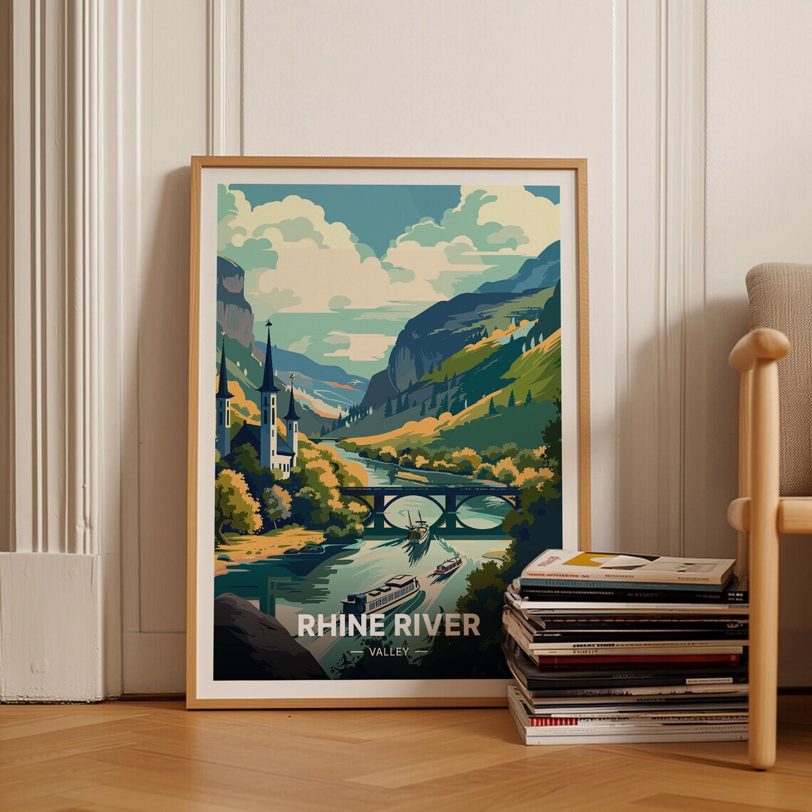 Rhine River Valley Travel Poster, Germany Scenic Landscape