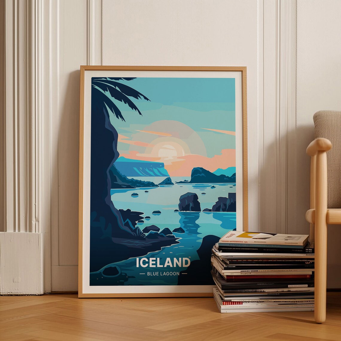 Iceland Blue Lagoon Sunset Coastal Cliffs Illustrated Travel Poster