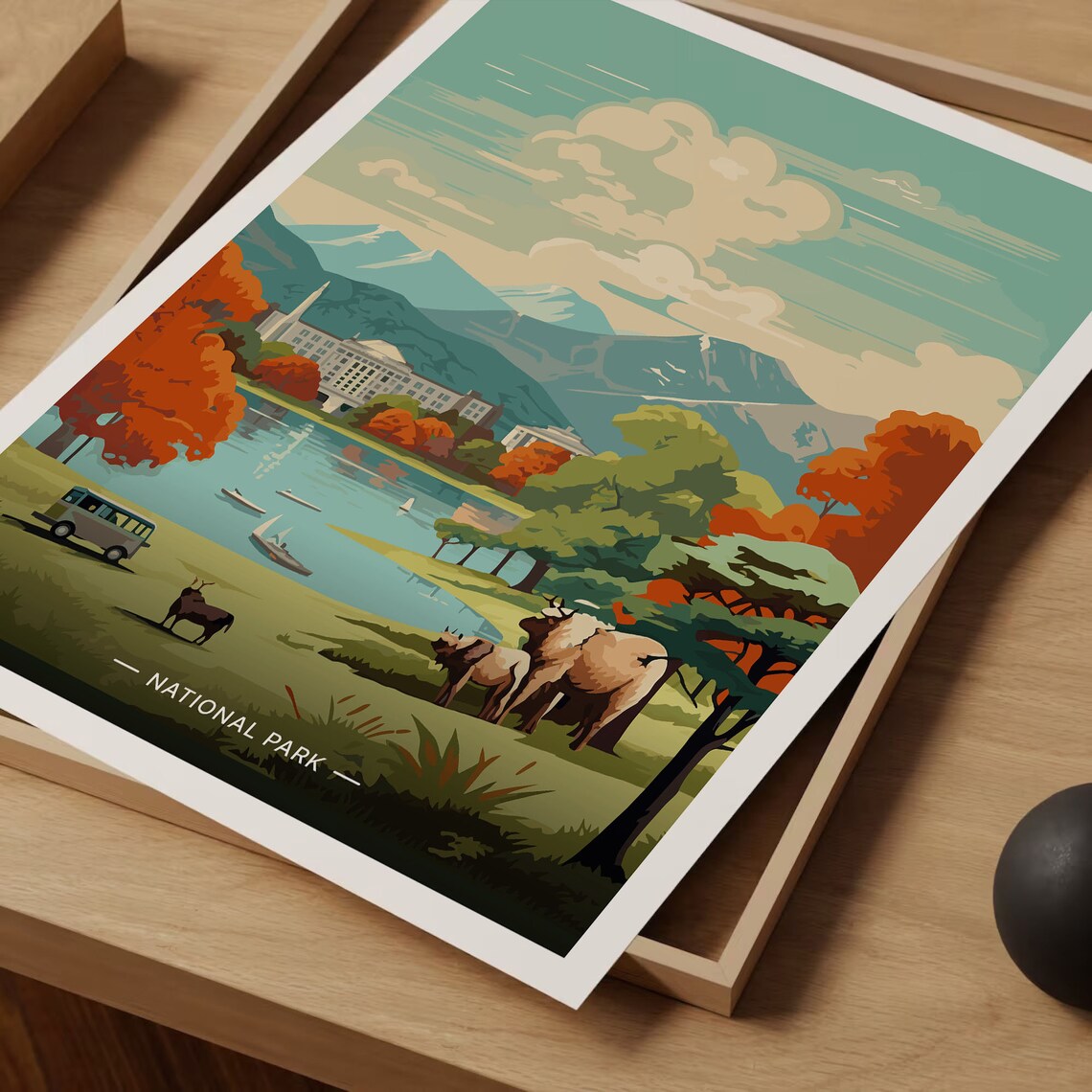 Highland Lake Cattle Camper Van Rowboats National Park Travel Poster - Image 3