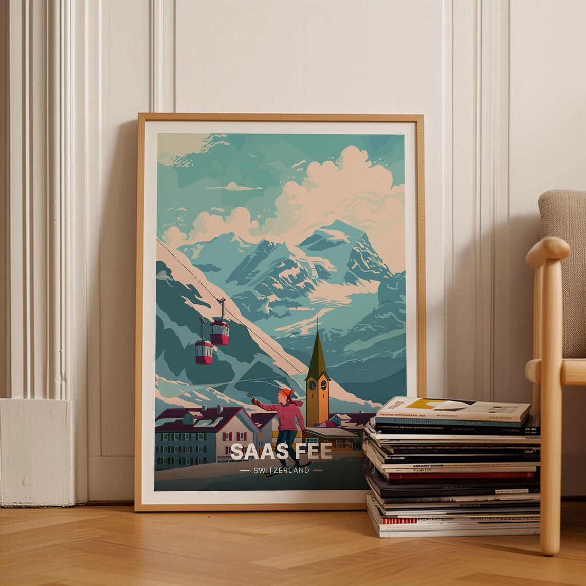 Saas Fee Switzerland Gondolas Alpine Village Peaks Travel Poster
