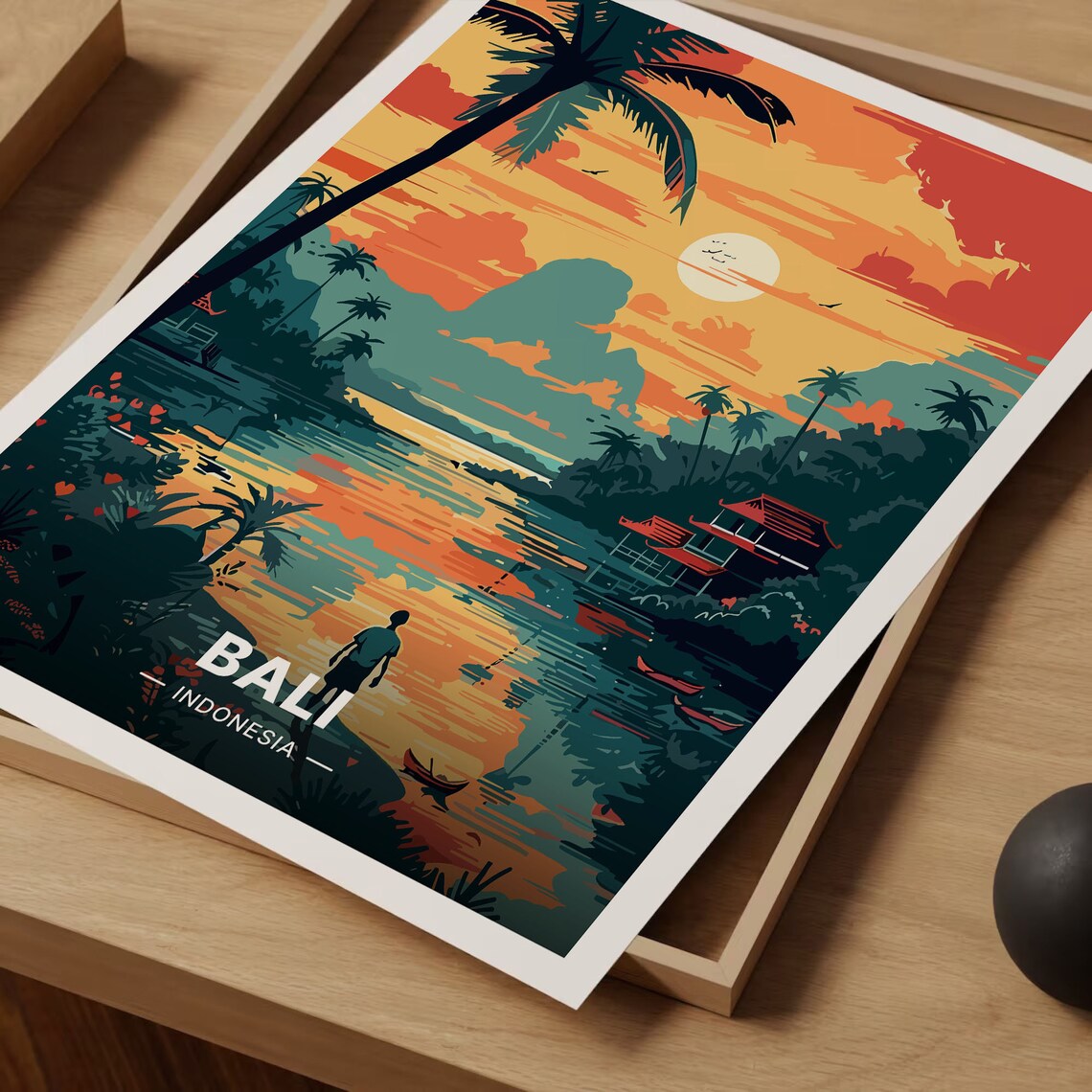 Bali Indonesia Tropical Sunset Palm Lagoon Vintage Travel Poster - Image 3