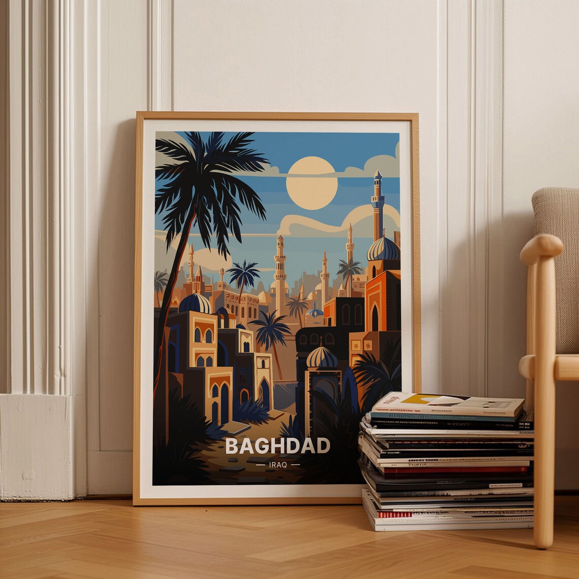 Baghdad Iraq Glowing Mosques Minarets Palms Sunset Travel Poster