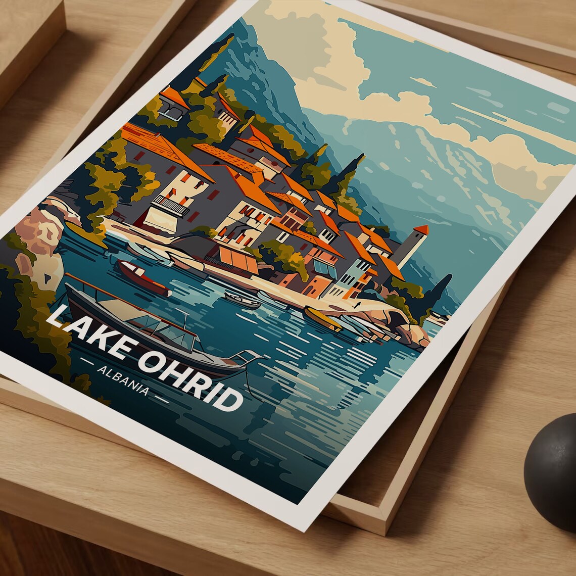 Lake Ohrid Albania Lakeside Village Red Roofs Mountains Travel Poster - Image 3