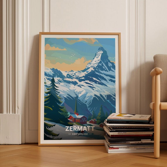 Switzerland Travel Poster Alpine Mountain Wall Art Matterhorn Ski Landscape Adventure Decor Unique Travel Gift C20 875