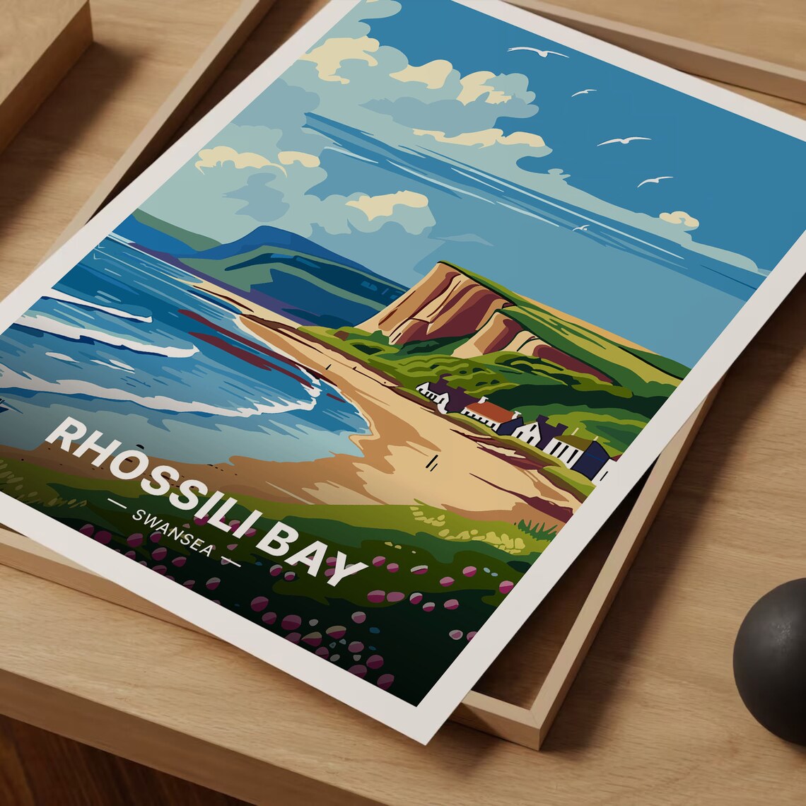Rhossili Bay Swansea Wales Golden Beach Cliffs Coastal Travel Poster - Image 3