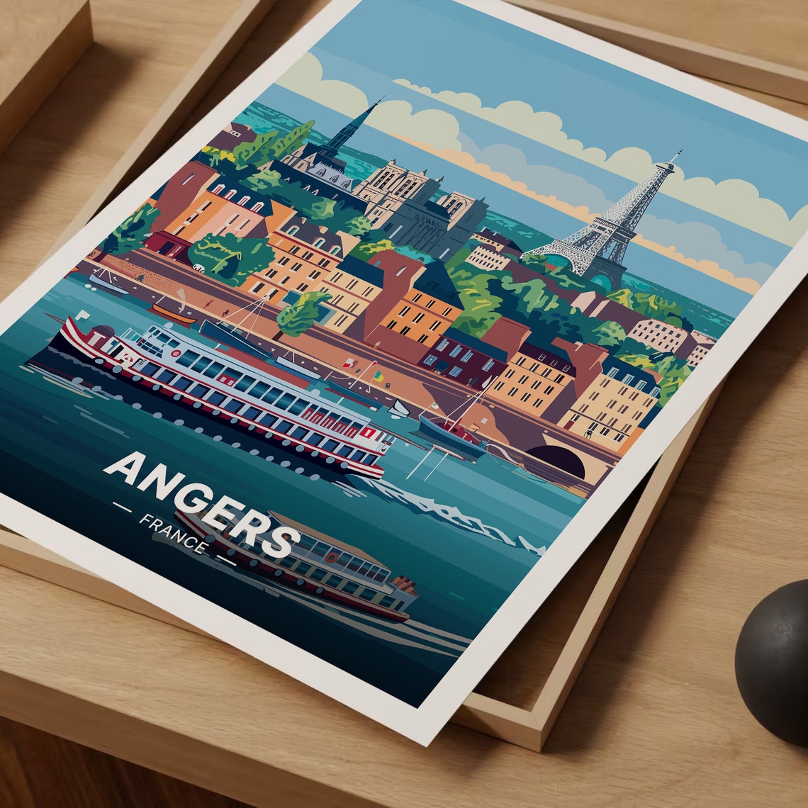 Angers France Riverside Cityscape Tower Cruise Boat Travel Poster - Image 3
