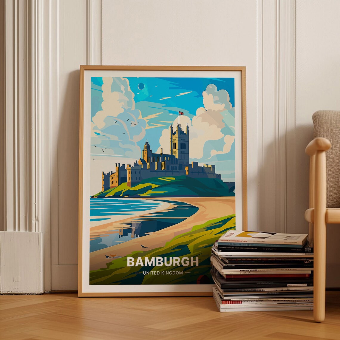 Bamburgh Castle Travel Poster United Kingdom Coast Beach Scene Art