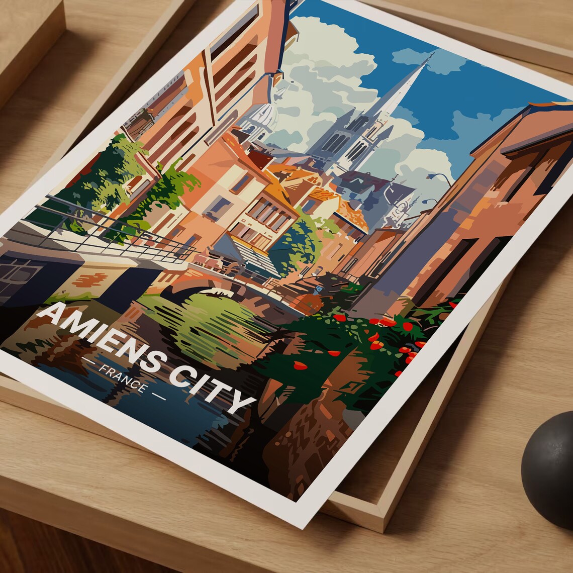 Amiens City France Canal Bridge and Cathedral Spire Travel Poster - Image 3
