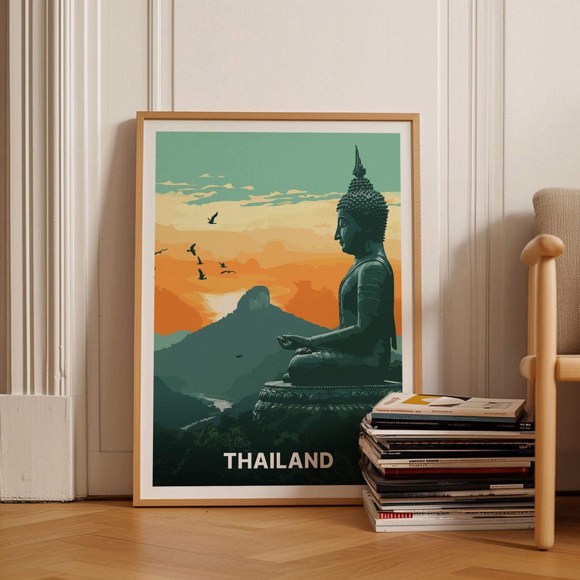 Thailand Travel Poster Meditating Buddha Statue Sunset Mountain Art