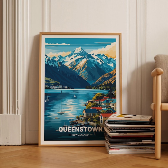 Queenstown New Zealand Travel Poster, Scenic Landscape