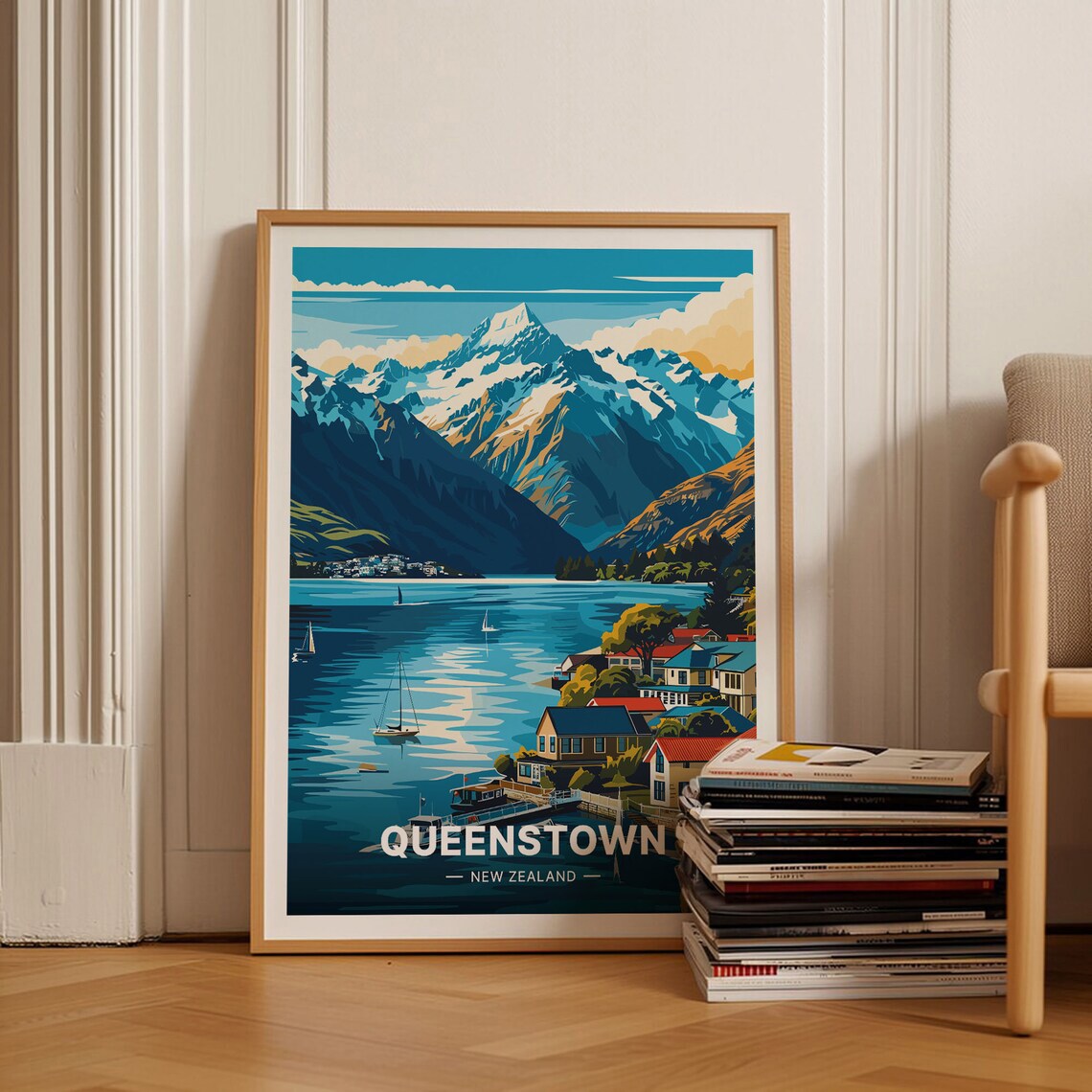 Queenstown New Zealand Travel Poster, Scenic Landscape