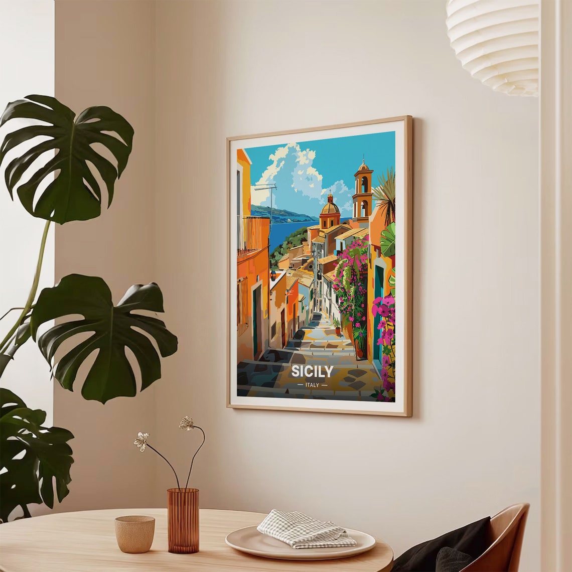 Sicily Italy Old Town Steps Church Dome Coastal Town Travel Poster - Image 2