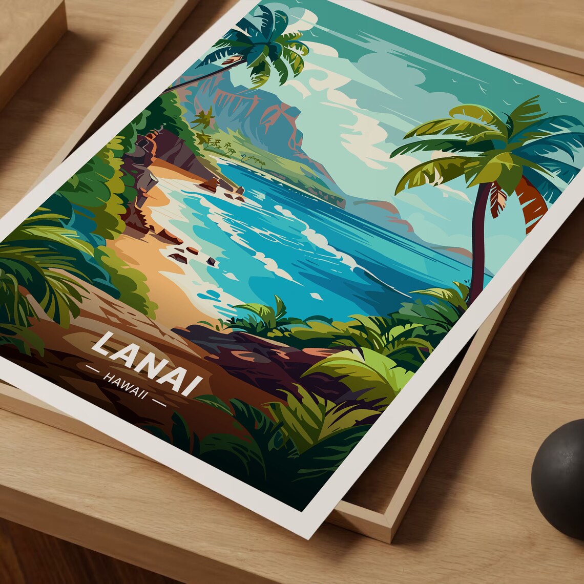Lanai Hawaii Tropical Beach Palm Trees Vintage Travel Poster - Image 3