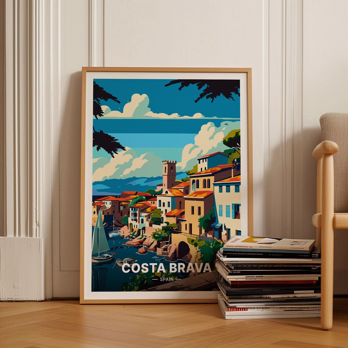 Costa Brava Spain Travel Poster Coastal Village Tower Sailboat Art