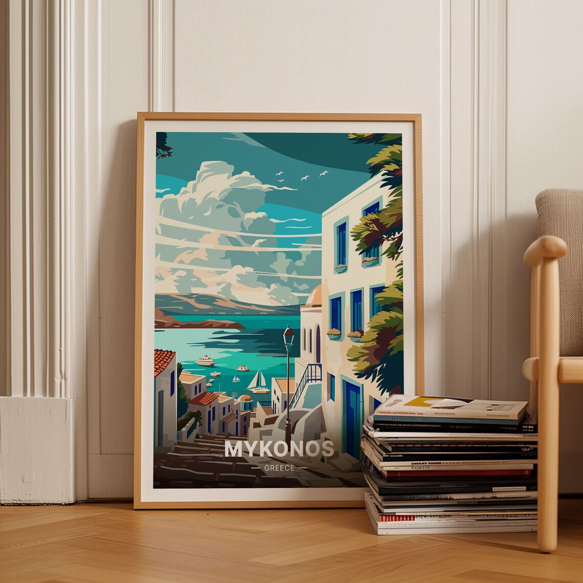 Mykonos Greece Travel Poster, Scenic Landscape Art Print