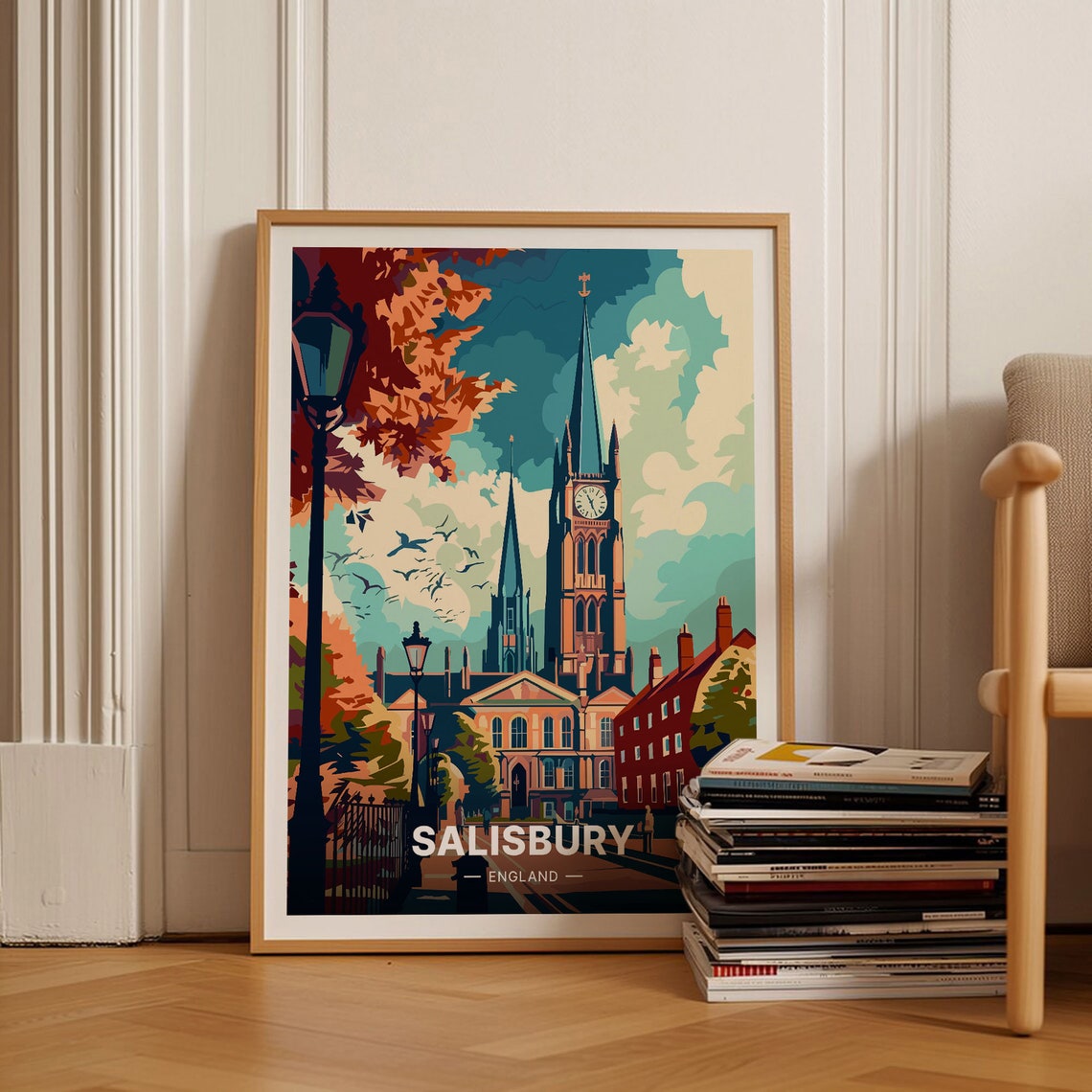 Salisbury England Cathedral Spire Historic Street Travel Poster